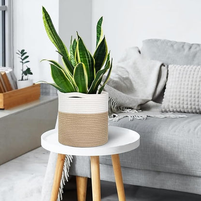11" Wicker Plant Basket, Jute Spliced Cotton Rope Woven Basket Planter for 10 inch Pot, Indoor Decorative Flower Pot Cover, Boho Bin for Artificial Trees, Small Round Bin for Decor