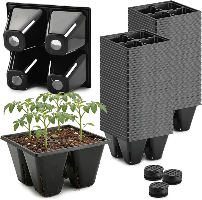 80 Pack Reusable 4-Cell Seed Starter Tray for Seedlings, Easy Watering Seed Starting Trays with Drainage Holes for Seed Germination and Plant Start, Fits Standard 1020 Trays, Black