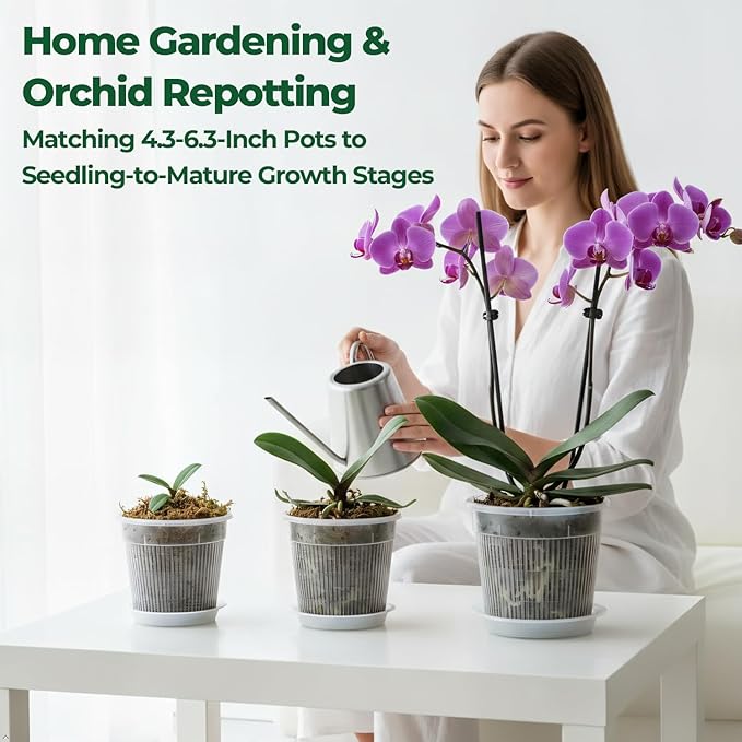 T4U Orchid Pot, 9 Pack Orchid Pots with Holes and Saucers for Repotting, 3 Each of 4.3, 5.5 and 6.3 Inch, Clear Plastic Flower Plant Pot for Indoor Outdoor Plants, Orchids Planter for Root Health