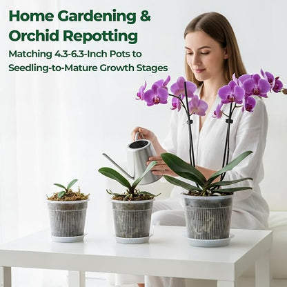 T4U Orchid Pot, 9 Pack Orchid Pots with Holes and Saucers for Repotting, 3 Each of 4.3, 5.5 and 6.3 Inch, Clear Plastic Flower Plant Pot for Indoor Outdoor Plants, Orchids Planter for Root Health