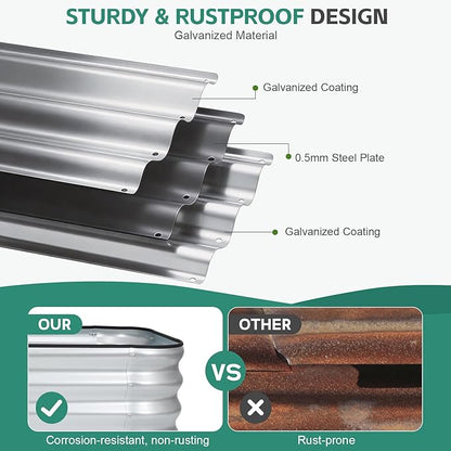 3 in 1 Galvanized Raised Garden Bed - 4x2x1ft (2Packs) Modular Planter Box Outdoor | Metal Raised Bed Kit with Bracing Rods for Gardening Vegetables Flowers Fruits Herbs (Silver)