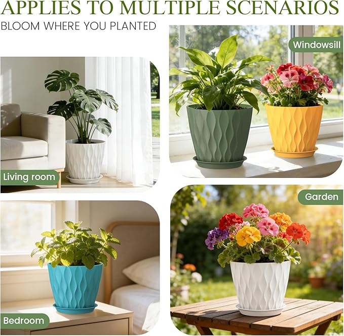 Plastic Plant 8 Inch, 4 Pack with Drainage Holes & Saucers, Water Wave Decorative Plant Pots for Indoor Outdoor Plants, Patio, Garden, Home Decor (4, Colorful)