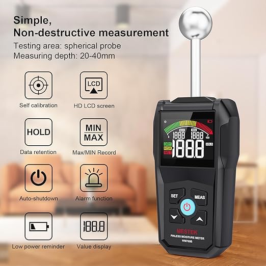 MESTEK Pinless Moisture Meter for Wood, Walls & Drywall, Digital Moisture Detector, Concrete Moisture Meter & Firewood Reader, Detects up to 40mm Below Surface with 3-Color LCD Display, Audible Alarm