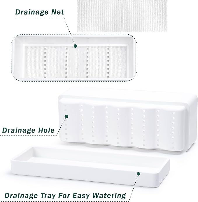 D'vine Dev 12 Inch Window Box Planter, Rectangle Plastic Herb Planter with Drainage Holes and Saucer, Indoor Succulent Cactus Vegetable Pot for Windowsill, Garden Balcony, White, Set of 2, 76-X-A-2