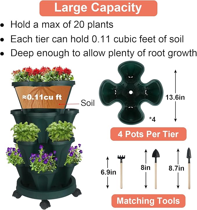 GameXcel Vertical Planter 4 Tier Stackable Planters Garden Planters Strawberry Herb Flower and Vegetable Planter Indoor Outdoor Gardening Pots with Removable Wheels and Tools