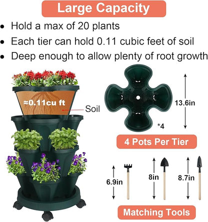 GameXcel Vertical Planter 4 Tier Stackable Planters Garden Planters Strawberry Herb Flower and Vegetable Planter Indoor Outdoor Gardening Pots with Removable Wheels and Tools