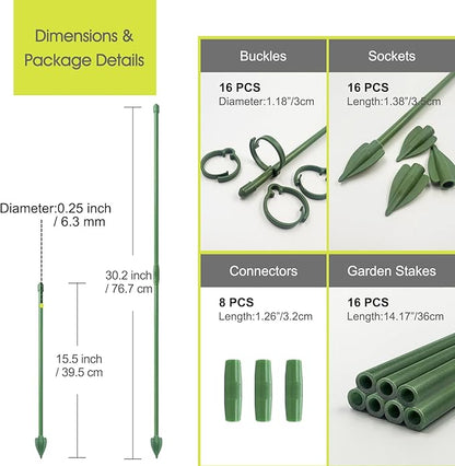 RIFNY Plant Stakes for Indoor Plants, 14 Inch Plant Support Stakes with Clips, Tall Adjustable Plant Sticks for Indoor Monstera Tomato Orchid Potted Plants Flower (16 PCS, Green)