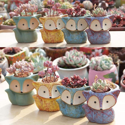 4 Pack Cute Fox Shape Ceramic Succulent Plant Pots Cactus Plant Pot Flower Pot with A Hole for Home & Office Decor