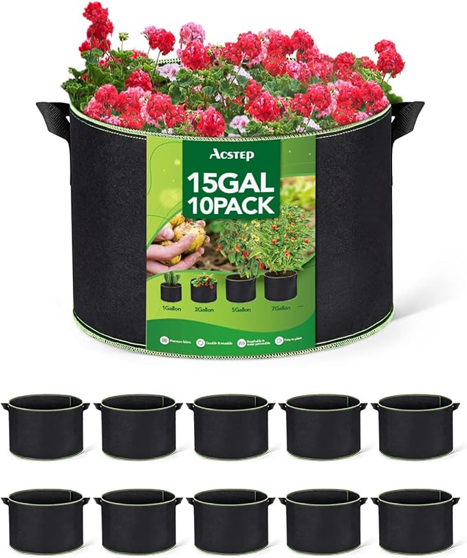 ACSTEP Grow Bags 10 Pack 15 Gallon Heavy Duty Aeration Fabric Pots Thickened Nonwoven Fabric Pots Plant Grow Bags with Handles