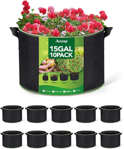 ACSTEP Grow Bags 10 Pack 15 Gallon Heavy Duty Aeration Fabric Pots Thickened Nonwoven Fabric Pots Plant Grow Bags with Handles