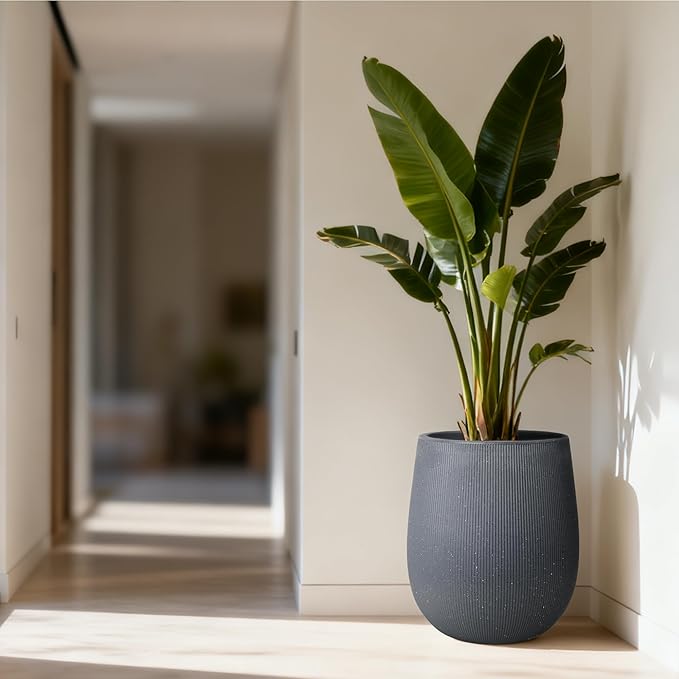 Worth Garden Large Dark Gray Round Planter, 12.5" x 18.5" Lightweight Magnesium Oxide Cement Plant Pot with a Striped Textured Finish, Raised Pattern Concrete Look, Drainage Hole, Indoor & Outdoor