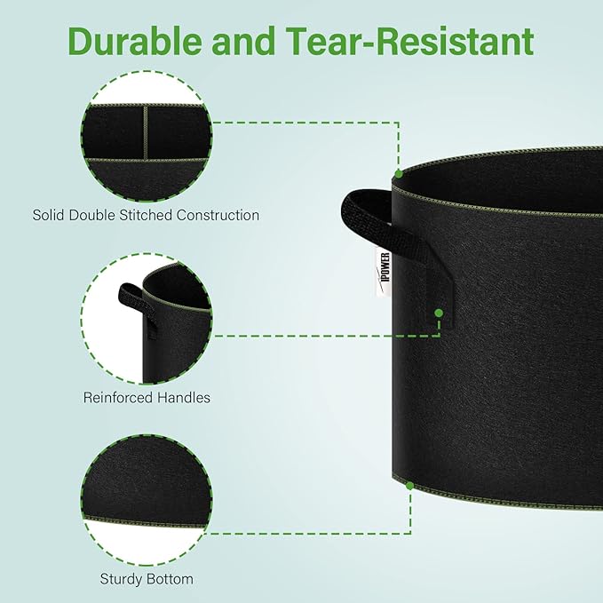 iPower 15-Gallon 10-Pack Grow Bag Thickened Nonwoven Fabric Pots Heavy Duty Aeration Container with Strap Handles for Garden and Planting Vegetable Flowers, Black with Green Stitch Sewing