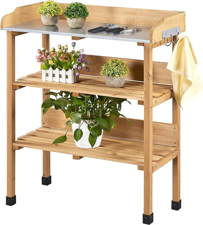 Yaheetech Outdoor Garden Potting Bench Table Wooden Horticulture Planting Worstation w/Metal Tabletop/Storage Shelf/3 Hooks, Natural Wood