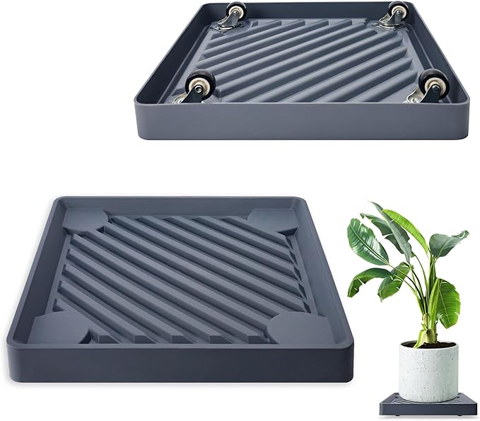 2PCS Square Plant Caddy with Hidden Wheels, Heavy Duty Rolling Plant Stand Caddy with Wheels, Pot Base for Indoor Outdoor, Gray, 11 inches