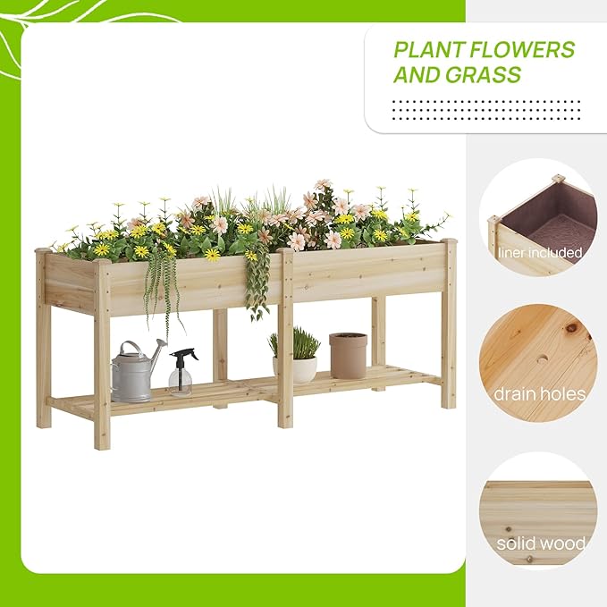 Raised Garden Bed, Planter Box with Storage Shelf, Elevated Wooden Box with Legs, Garden Planter for Backyard, Patio, Balcony, Natural Wood, 72x24x30.7inch (Natural, L)
