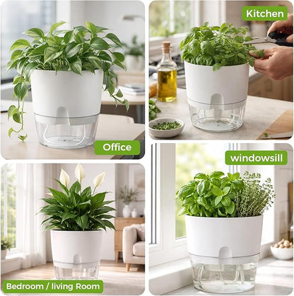 Planterhoma 5 Pack Self Watering Pots for Indoor Plants, 9 Inch Plant Pot Plastic Self Watering Planter for Orchid, Monstera, Lily, Large Clear Flower Pots with Drainage Holes and Wicking Rope, White