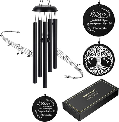 Sympathy Wind Chimes for Loss of Loved One, Memorial Windchimes for Lost Father Mother, Remembrance Bereavement Gift with Card, in Memory of Dad Mom Metal Funeral Decor for Garden Outdoor (39“ Black)
