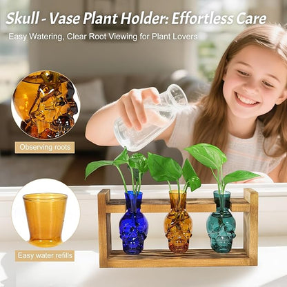 Skull Plant Propagation Station with LED Lights - Halloween Decor Skull Planter, Hydroponics Pot for Office, Unique Gifts for Women & Plant Lovers(3*Mixed Color)