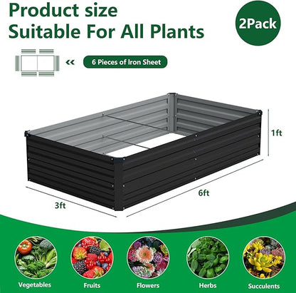 Vengarus 6x3x1FT (2 Pack) Galvanized Raised Garden Bed Kit, Outdoor Metal Planter Box for Vegetables, Rectangular Steel Container, Easy Assembly (Black)