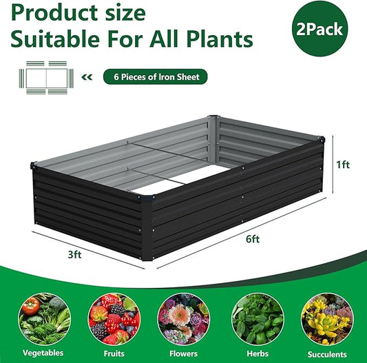 Vengarus 6x3x1FT (2 Pack) Galvanized Raised Garden Bed Kit, Outdoor Metal Planter Box for Vegetables, Rectangular Steel Container, Easy Assembly (Black)