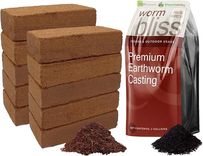 Coco Coir 650gm Bricks (10-Pack) + Worm Bliss (2 Gallons) - Organic Coco Coir for Plants & Worm Castings for Plants - Coconut Coir Bricks - Earthworm Castings Worm Fertilizer - Garden Soil Potting Mix