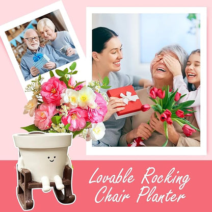 Smiley Face Planter Pot Small, Cute Resin Flower Head Planters for String of Pearls Plant Live Indoor Outdoor Unique Sit Rocking Chair Succulent Pots Gift Ideas for Family Friends with Drainage Hole