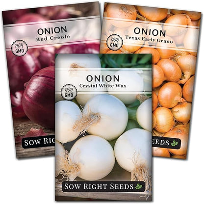 Sow Right Seeds - Short Day Onion Seed Collection for Planting - Red Creole, Crystal White Wax, Texas Early Grano - Non-GMO Heirloom Packets with Instructions to Plant a Home Vegetable Garden
