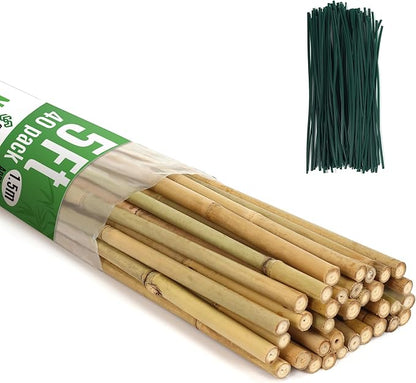 SWANGSA 40 Pack Bamboo Stakes for Plant 5 Feet(57.5inch), Bamboo Sticks Plant Support Garden Stakes Poles with 200pcs Twist Ties for Tomatoes, Beans, Potted Plants, Indoor and Outdoor Climbing Plants