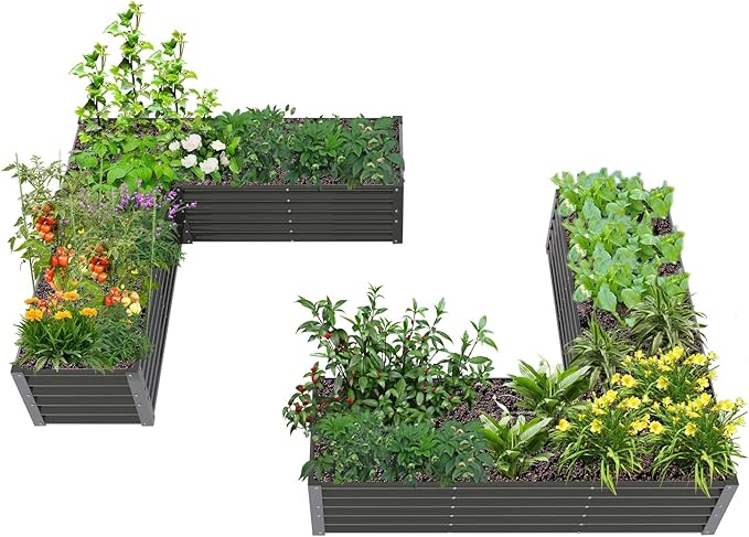 A ANLEOLIFE 2 Set L-Shaped Galvanized Raised Garden Beds Outdoor,74x74x18in Large Metal Planter Box for Planting Vegetables Flowers Herb, Anti-Rust & Easy-Setup, Quartz Grey