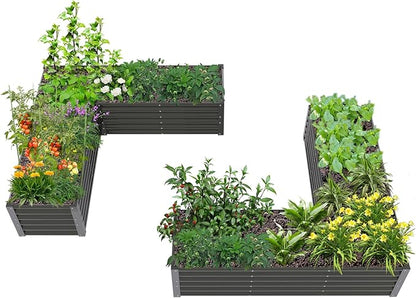 A ANLEOLIFE 2 Set L-Shaped Galvanized Raised Garden Beds Outdoor,74x74x18in Large Metal Planter Box for Planting Vegetables Flowers Herb, Anti-Rust & Easy-Setup, Quartz Grey