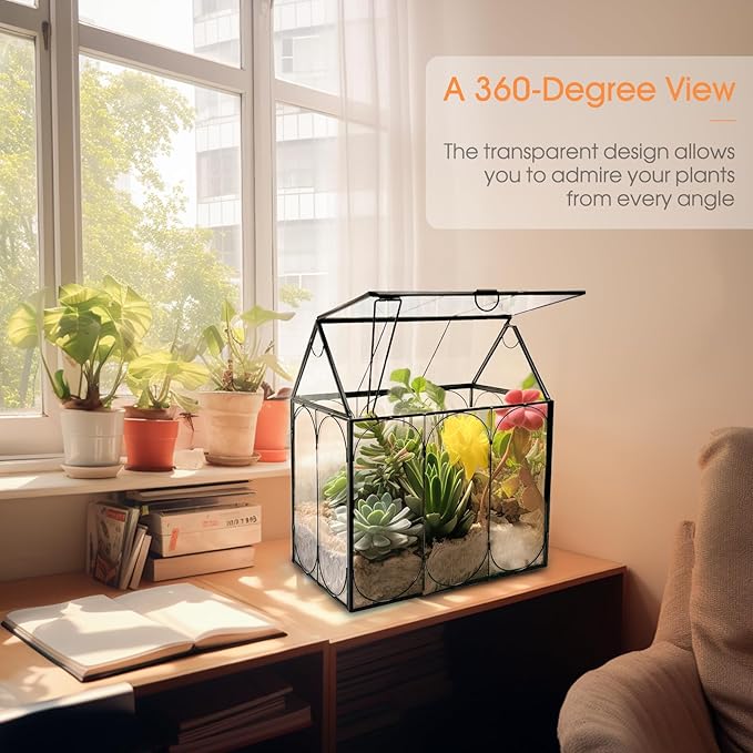 Plant Terrarium Kit, Rifny Large Glass Terrarium Jar with Absorbent Mat for Venus Fly Trap Succulent Live Air Plants Indoor Home Office Decor (Black, 8.9 x 5.9 x 9.9 inch, Without Plant Light)