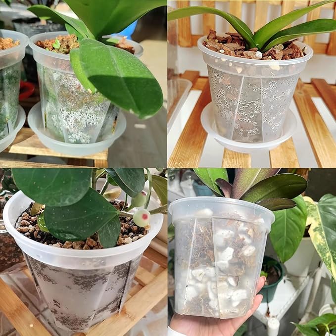 Plant Pots 7/6/4.7 Inch Set of 6, Clear Plastic Nursery Pots with Drainage Holes and Saucers, Flowers Planter Pots for Indoor Outdoor Plants (Variety Size, Clear)