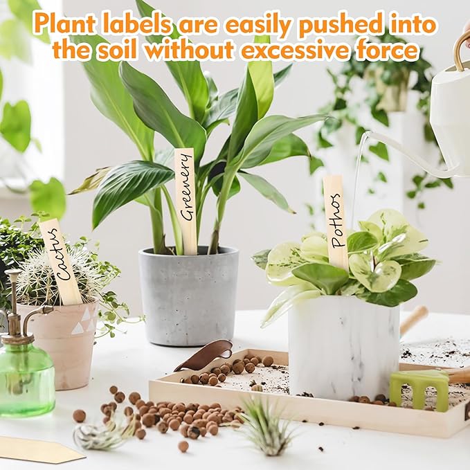 50 PCS Plant Labels with a Black Marking Pen, 5.9 Inch Waterproof Plant Label for Outdoor Indoor Potted Plants, Wooden Plant Tags Gardening Gifts for Women Men