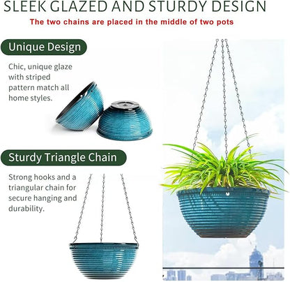 10in Hanging Planters for Indoor and Outdoor Plants, 2 Pack Hanging Planter with Drainage Hole, Round Hanging Flower Pots for Garden Home Decor (Blue)