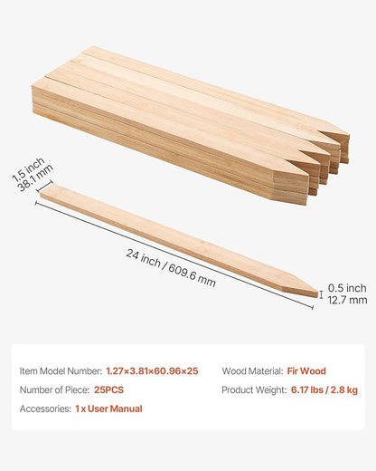VEVOR Wooden Garden Stakes, 25 Pcs 24 x 0.5 x1.5 in Survey Grading Stakes, Garden Ground Stake with Sharp Point, Fir Wood Plant Support Stake, Sign Posts for Silt Fence Backyard Boundaries Baselines