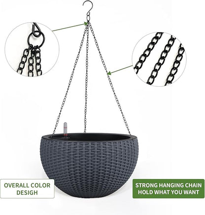 Dexceder 10.5 Inch Large Self Watering Hanging Planters Indoor Outdoor, Thickened Hanging Basket Flower Plant Pot with Water Level Indicator (Gray)