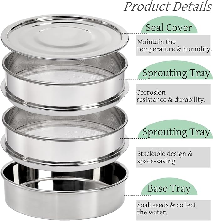 9" Stackable Stainless Steel Seed Sprouting Kit, 3-Tier Mesh Germination Tray, Seed Sprout Grower with Lid Base, Microgreens Propagator for Beans Peas Broccoli Wheat Grass, Soil Free