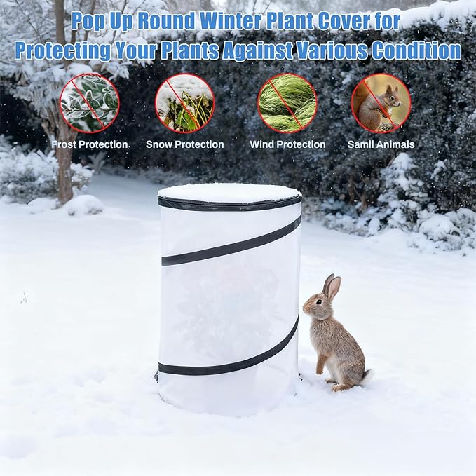 2 Pcs 12"×21" Pop Up Round Winter Frost Plant Cover,Foldable Non Woven Winter Plant Freeze Protection Tent with Ground Stakes & Label Cards,Mini Greenhouse Protector for Small Indoor&Outdoor Plants