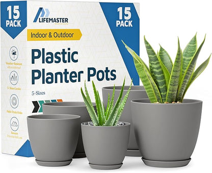 Gray Plant Pots with Drainage Holes & Saucers 15 Pack, Indoor & Outdoor Stackable Space-Saving Planters for Houseplants & Flowers, (7", 6.7", 6", 5.3", and 4.8" Inches), Durable & Weatherproof