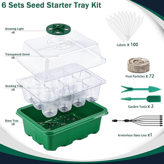 6 Pack Seed Starter Tray Kit with Grow Light and Humidity Dome Germination Trays, 72 Peat Pellets, Plant Labels, Gardening Tools, Green, Modern Style, 7.3 x 5.7 x 4.5 inches