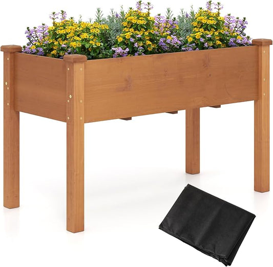 HAPPYGRILL Raised Garden Bed, Outdoor Wood Garden Box w/Legs, Drainage Holes, Black Garden Liner Fabric, Solid Wood Frame, Elevated Planter Box for Backyard Patio Balcony, 49” x 23” x 30” (L x W x H)