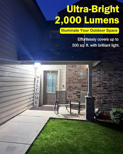 Dusk to Dawn Flood Lights Outdoor,2000 Lumen LED Security Motion Sensor Light with Remote Control for Outside,6500K Bright Illumination,Solar Rechargeable Lights for Porch, Yard,Garden, Wall (5000MAH)