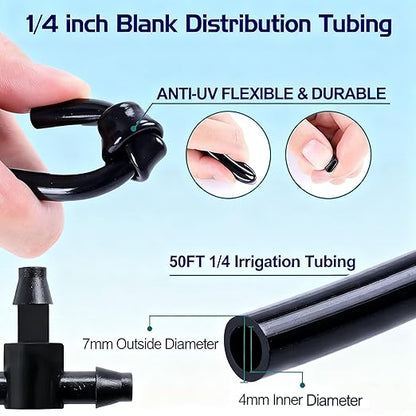 50FT Garden Drip Irrigation Kit - DIY Misting Cooling System with 1/4" Tubing & Adjustable Atomizing Nozzles for Greenhouse, Patio, Raised Beds, Potted Plants