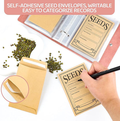 Seed Storage Organizer Binder, Leather Seed Sleeves Binder with 50 Pack Seed Envelopes, Garden Seeds Storage Organizer, Vegetable Seed Saver, Flower Seed Keeper, Pink, 3.1 x 4.7 Inch Seed Envelopes