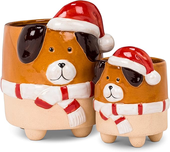Abbott Collection 27-CRITTER-971-LG Large Dog with Santa Hat Planter, 6" H