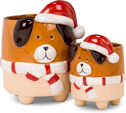 Abbott Collection 27-CRITTER-971-LG Large Dog with Santa Hat Planter, 6" H
