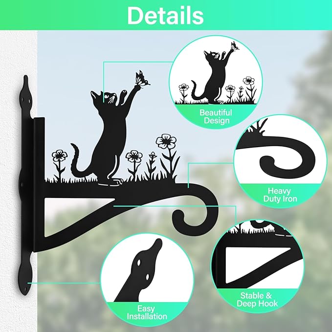 Plant Hangers Outdoor & Indoor, Plant Hooks for Hanging Baskets, Heavy Duty Wall Hanger, Metal Wall Mount Holder for Flower Basket, Bird Feeder, Lantern, Wind Chimes-Patio, Garden, Home Decor (Cat)