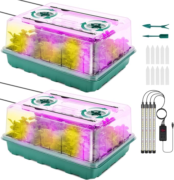 Upgraded 96 Cells Seed Starter Tray with Grow Light, Seed Starting Trays with Adjustable Humidity Dome, Seed Starter Kit Plant Starter Kit for Seeds Growing Starting, Indoor Gardening, Greenhouse