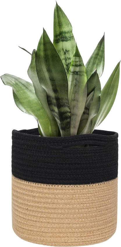 Wicker Plant Basket Indoor, 8"x8"x8" Jute Spliced Cotton Rope Basket Planter up to 7" Pot, Modern Woven Flower Tree Pots Cover, Small Floor Indoor Planters, Home Decor Storage Bin