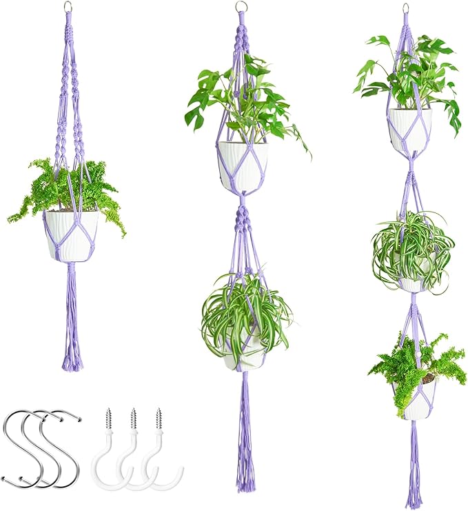 XXXFLOWER 3 Pack Macrame Plant Hanger Indoor Set with Hooks Handmade Woven Cotton Rope Flower Pot Crochet Plant Holder Stand Boho Plant Decor Hanging Planter Baskets Set of 3 with Beads Purple
